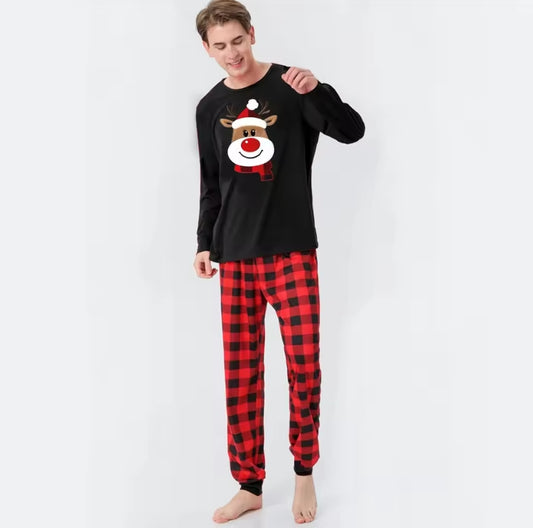 Matching Family Christmas Pajamas Set - Buffalo Plaid Red & Reindeer Design