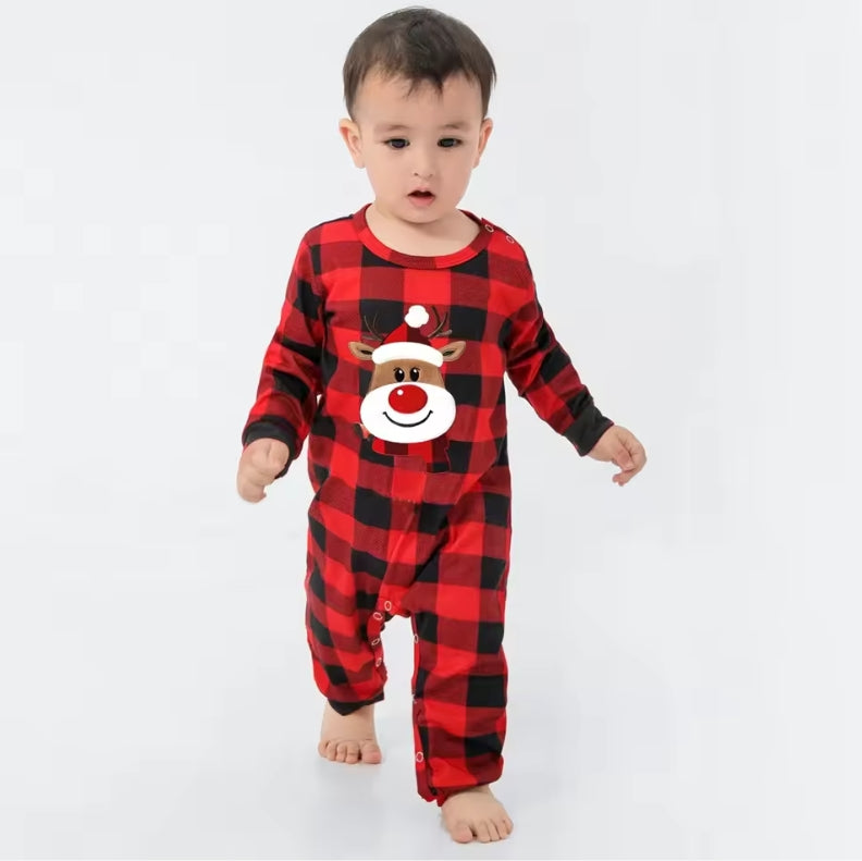Matching Family Christmas Pajamas Set - Buffalo Plaid Red & Reindeer Design