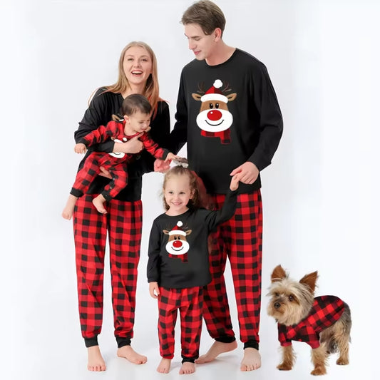 Matching Family Christmas Pajamas Set - Buffalo Plaid Red & Reindeer Design