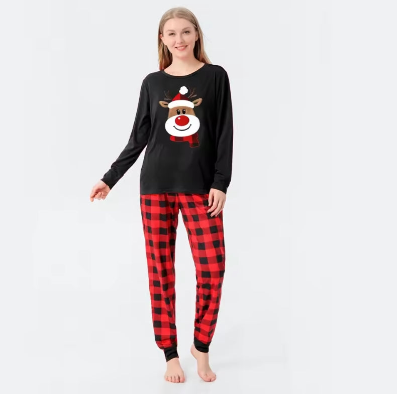 Matching Family Christmas Pajamas Set - Buffalo Plaid Red & Reindeer Design